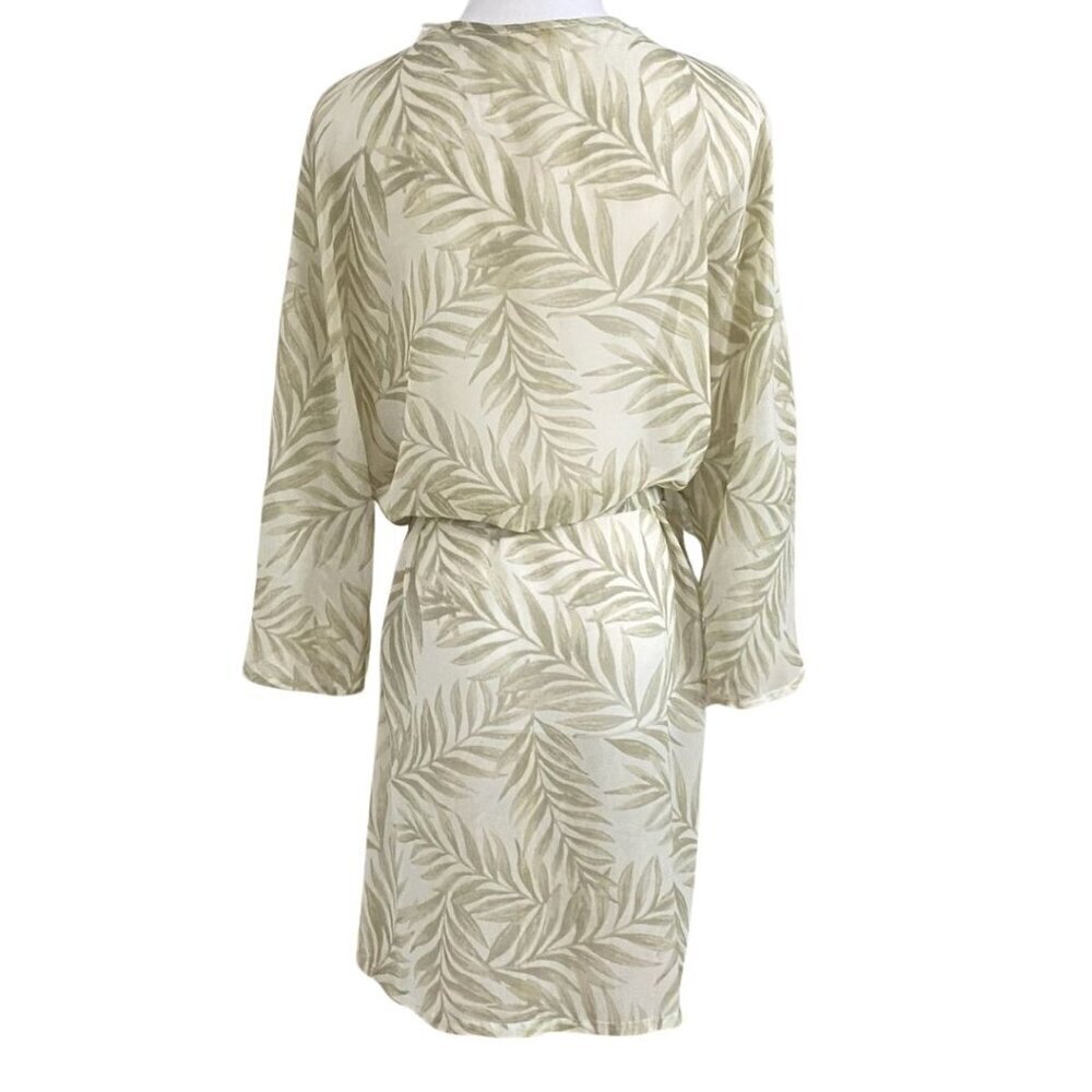 OYSHO WHITE GREEN LEAVES PATTERN SHEER LIGHTWEIGHT BELTED ROBE COVER-UP - M - Picture 4 of 11